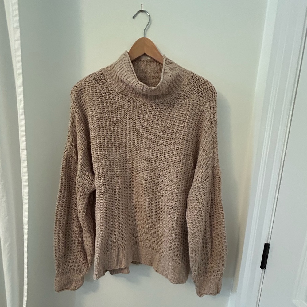 Cozy Tan Knit Turtleneck Sweater